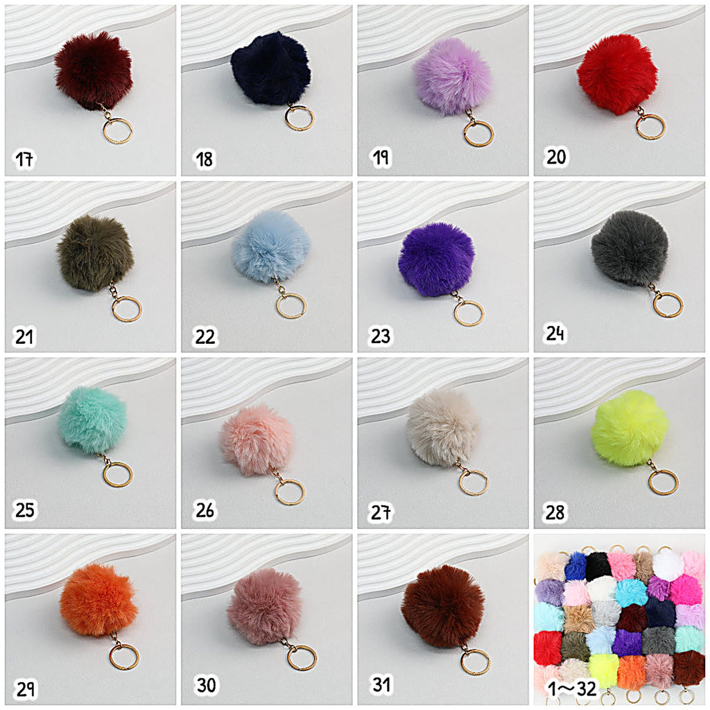 Pom Pom Keychain Plush Violet Faux Fur Ball Gold Ring 8cm