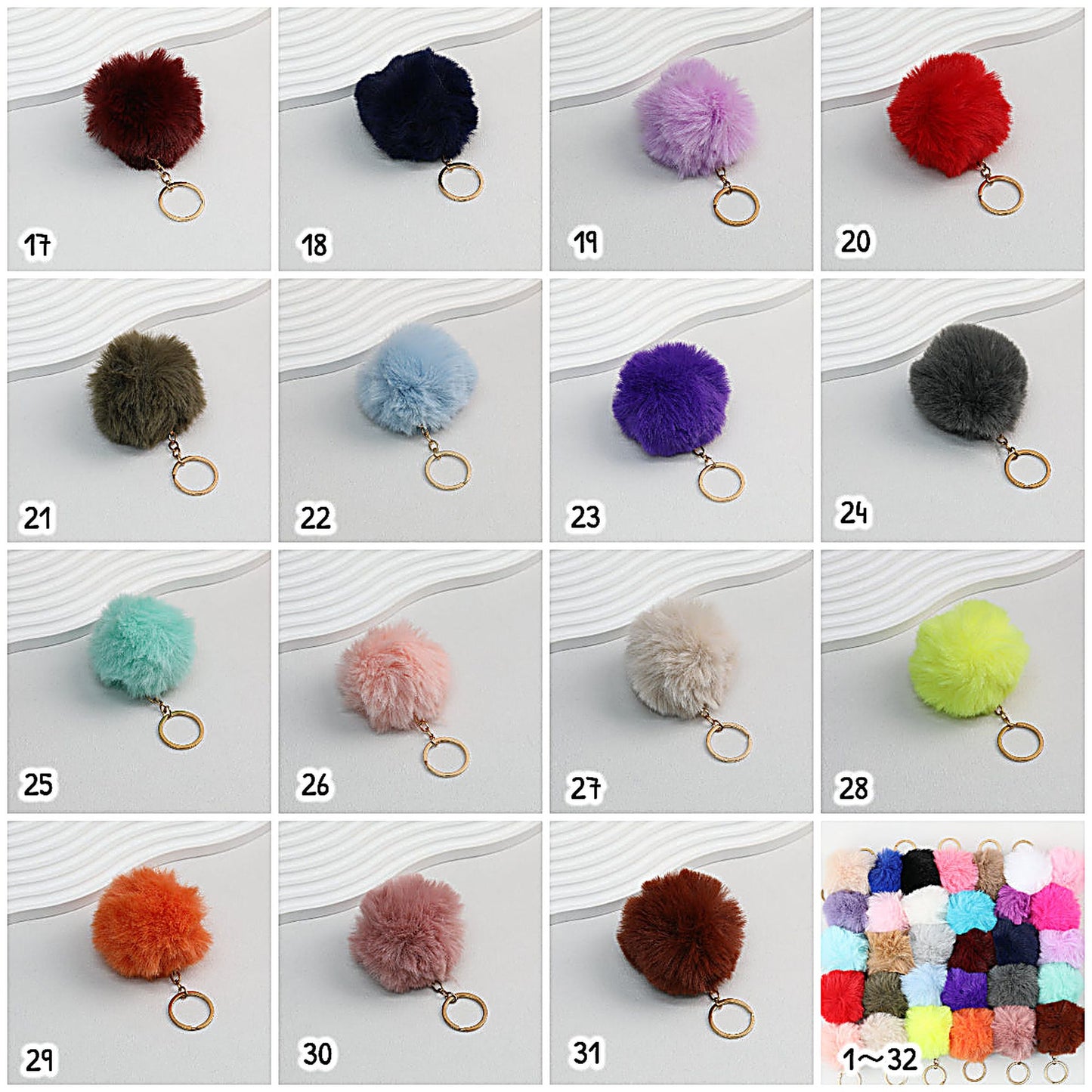 Pom Pom Keychain Plush Violet Faux Fur Ball Gold Ring 8cm