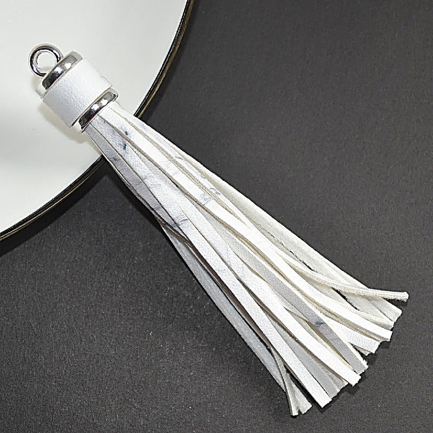 Silver PU Leather Tassel Keychain Metallic 9cm Length - 30 Marble