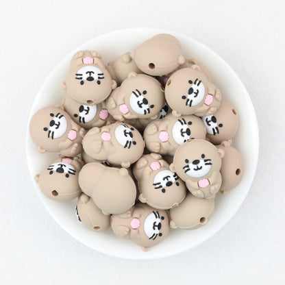Silicone 3D Sea Otter Focal Beads Light Brown With Pink Shell 20pcs 2