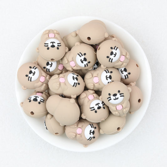 Silicone 3D Sea Otter Focal Beads Light Brown With Pink Shell 20pcs 2