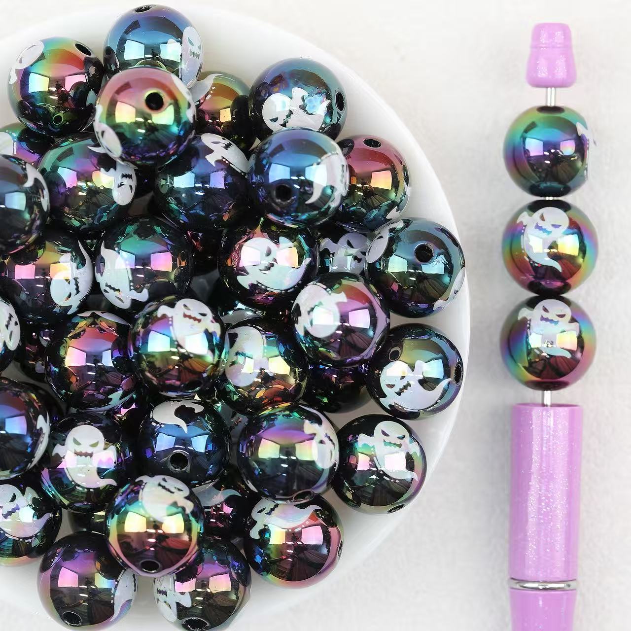 Black Ghost Acrylic Beads Wholesale, Iridescent Halloween Round Design, 16mm