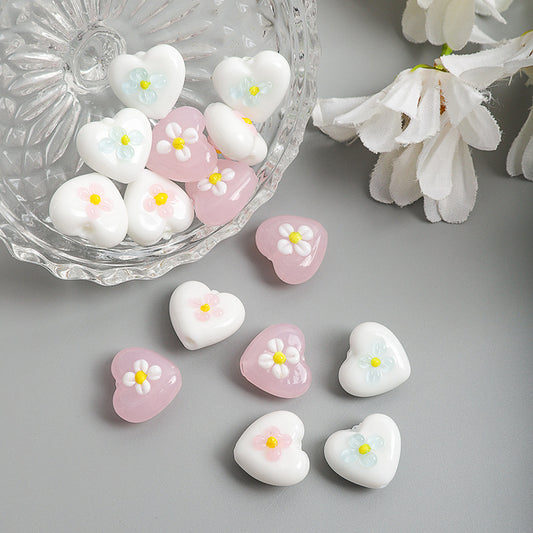 Heart Shape Flower Glass Beads 16mm 10pcs