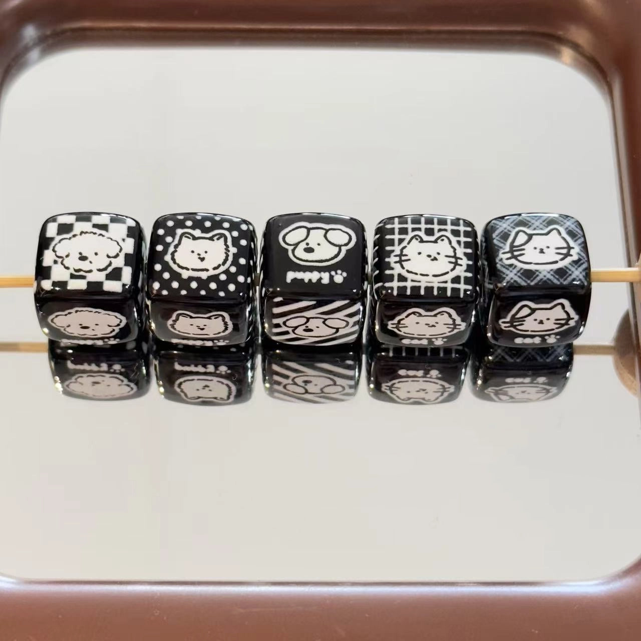 Black Plaid Puppy Square Acrylic Beads 14mm 10pcs 2