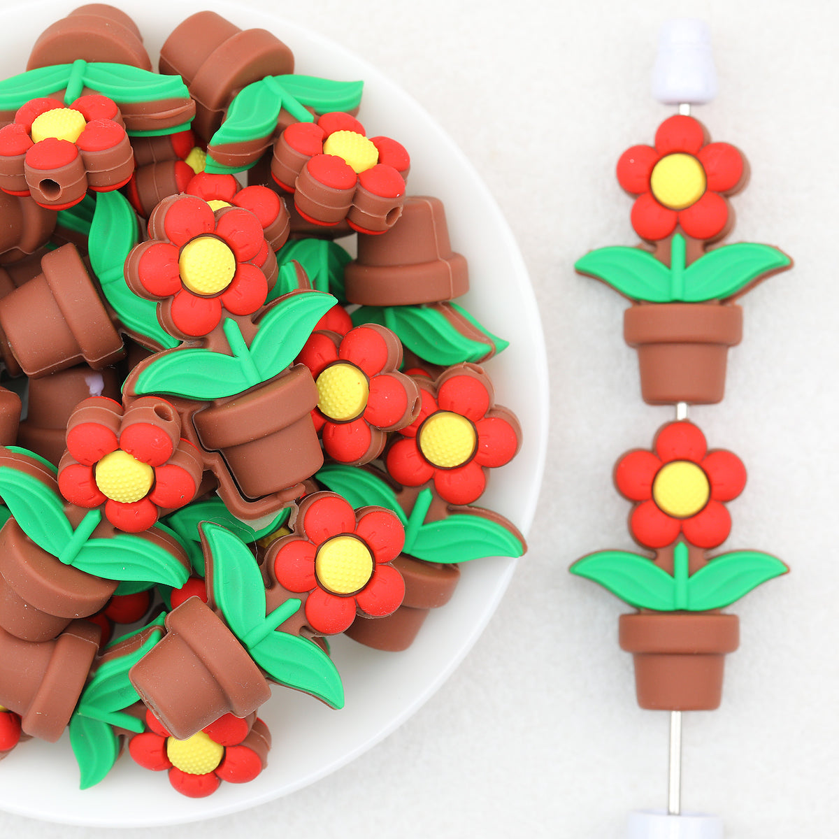 3D Red Flower Pot Silicone Focal Beads 20Pcs 