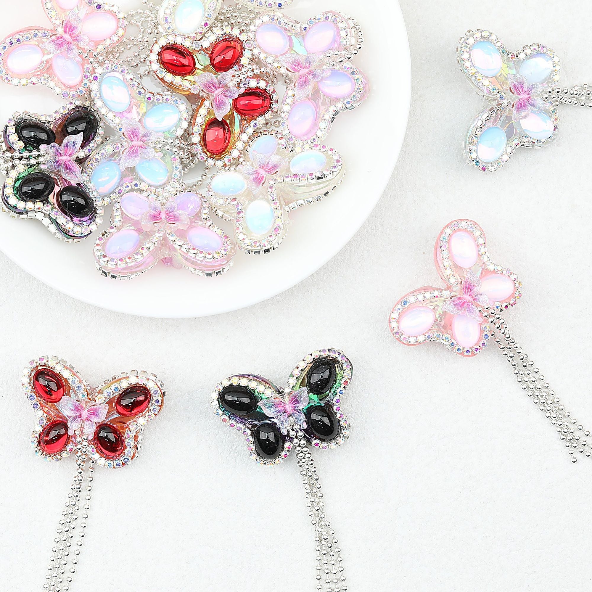 Butterfly Tassel Rhinestone Acrylic Beads 28mm 5pcs