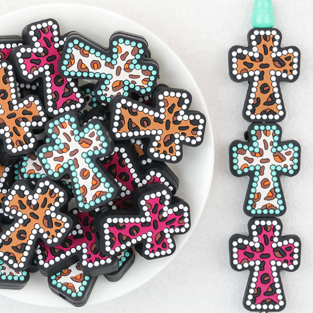 Leopard Print Cross Silicone Focal Beads 20Pcs 