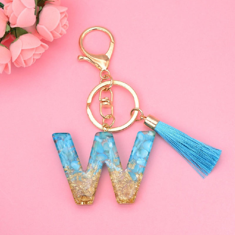 Blue Resin Tassel Monogram Keychain with Gold Flake Accent 25