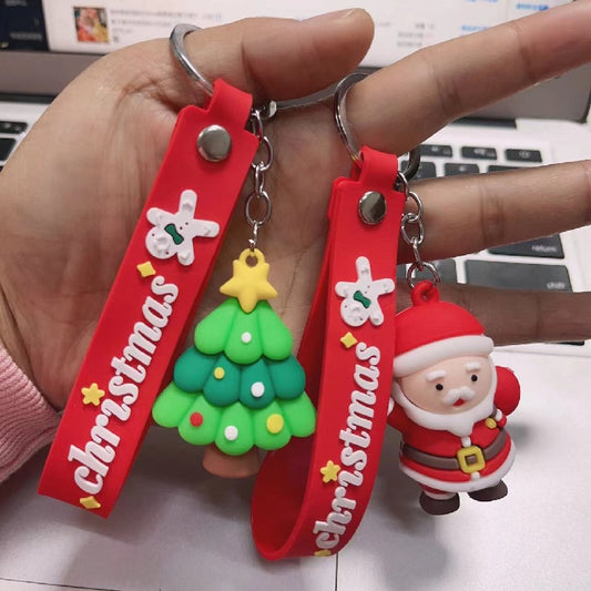 Soft Rubber Christmas Tree and Santa Claus Keychain with Red Strap