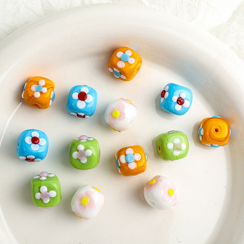 Colorful 12mm Square Glass Flower Beads 10pcs