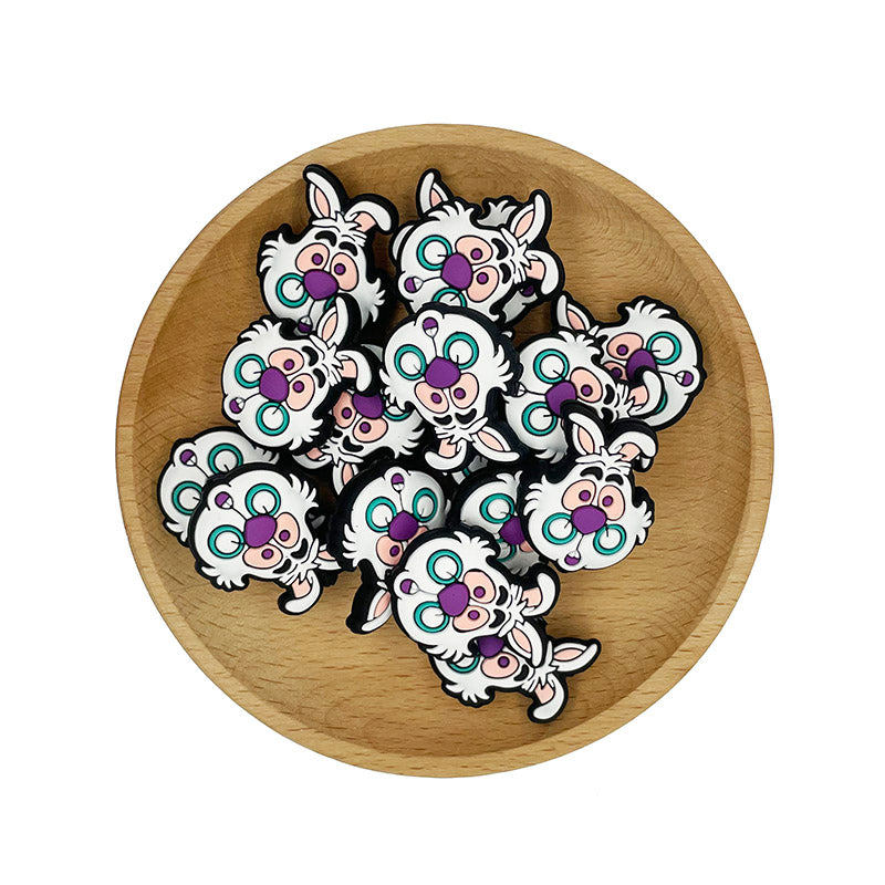 Silicone Focal Beads White Rabbit Alice in Wonderland Teal Glasses Pastel Pink 20pcs 2