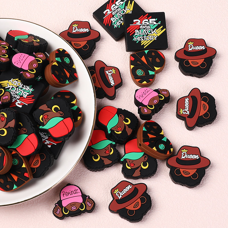 Silicone Focal Beads Black History Queen Wearing Period Hat 20pcs