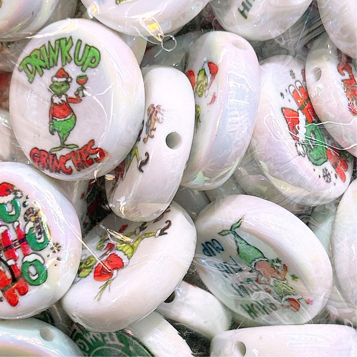 Flat Double-sided Print Acrylic Beads 22mm Grinch Design 50pcs 2