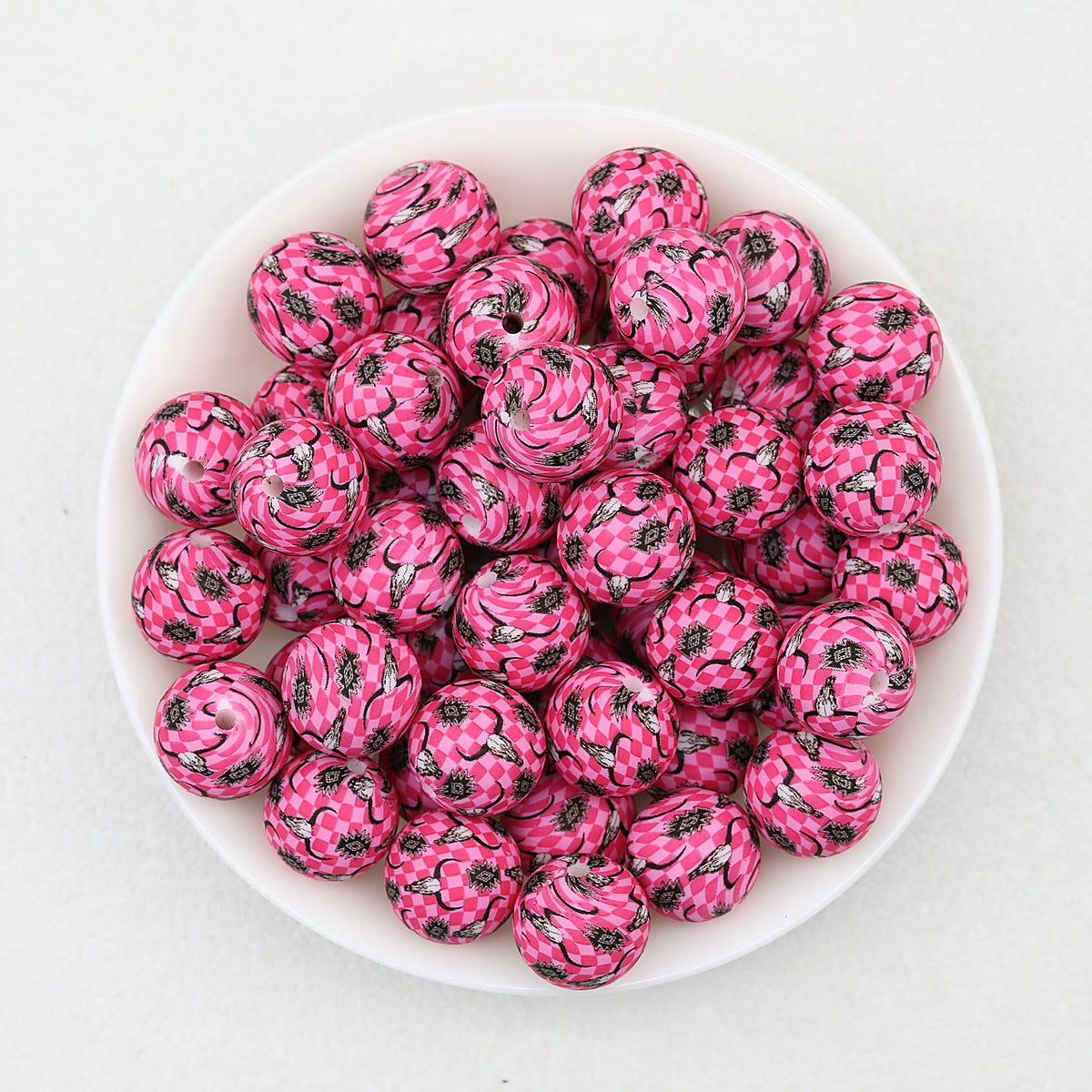 Cow Skull Pattern 15mm Silicone Round Beads Printed Design 50pcs - Rose Red