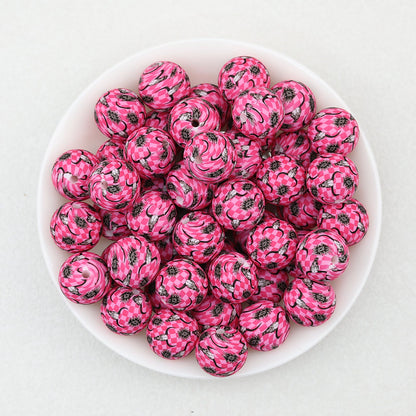 Cow Skull Pattern 15mm Silicone Round Beads Printed Design 50pcs - Rose Red