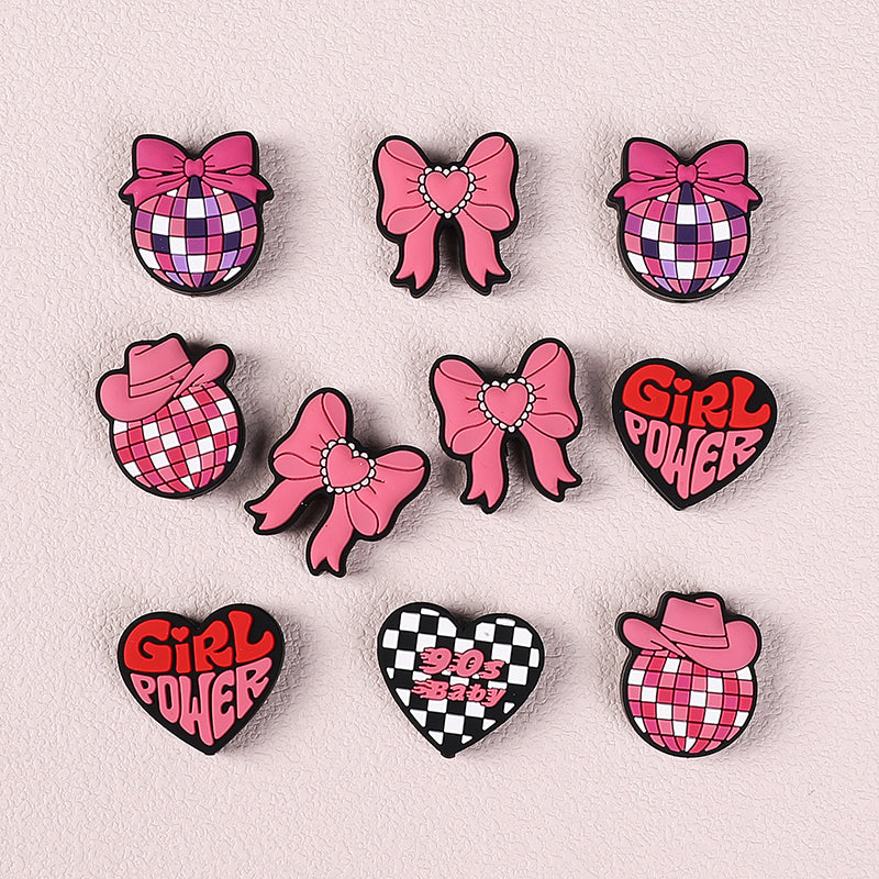 Silicone Focal Beads Pink Theme Heart Bow Disco Ball 20pcs 2