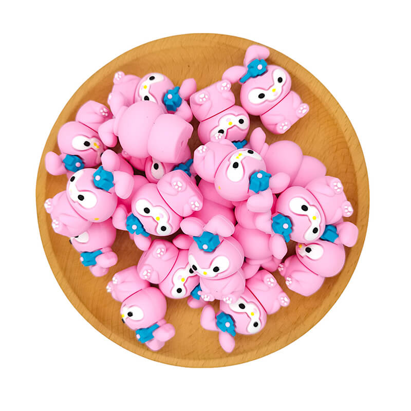Silicone 3D Focal Beads Sitting Pink Bunny With Blue Flower Detail 2
