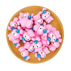 Silicone 3D Focal Beads Sitting Pink Bunny With Blue Flower Detail 2