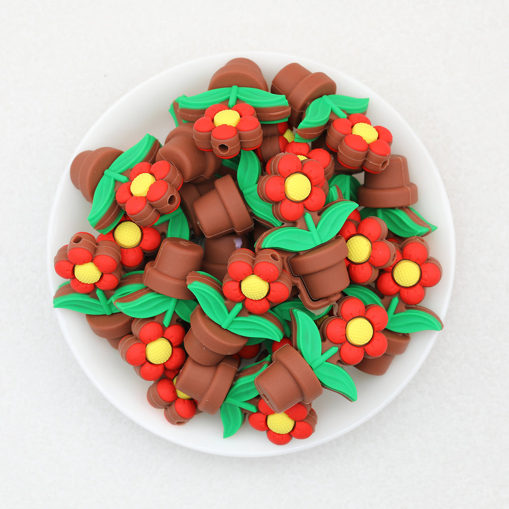 3D Red Flower Pot Silicone Focal Beads 20Pcs  2
