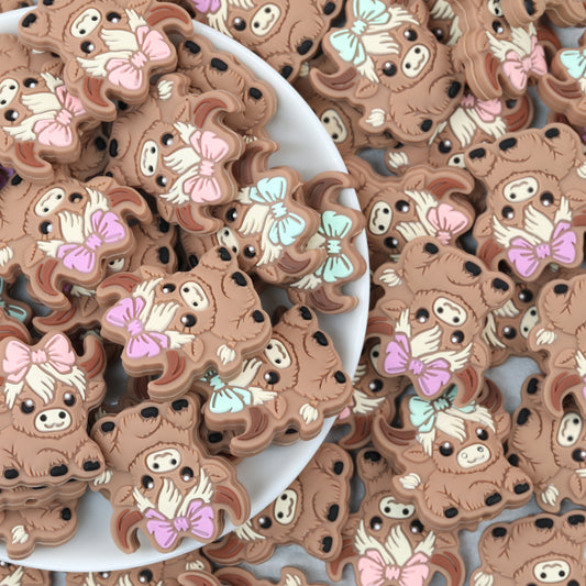 Bow Silicone Focal Beads with Highland Cow Design 20pcs