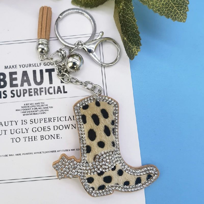 Leopard Print Boot Keychain Alloy Zinc Alloy Rhinestone Faux Fur 7cm