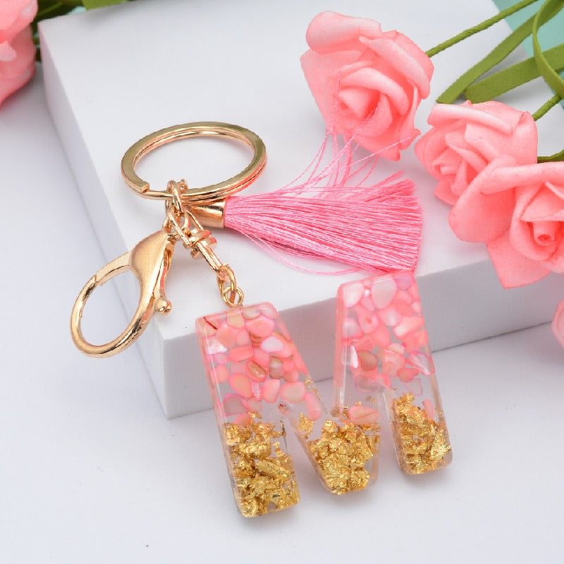 Resin Floral Pink Tassel Monogram Keychain Alphabet Letter A 13