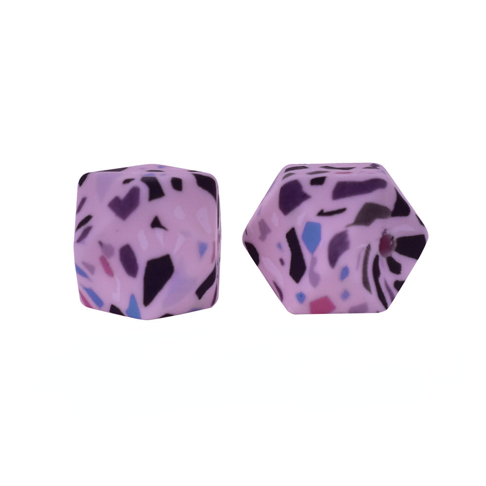 14mm Hexagon Silicone Beads Printed Camouflage Leopard Design 50pcs