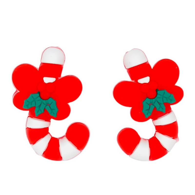 Silicone 3D Focal Beads Christmas Candy Cane With Green Leaf Red Bow