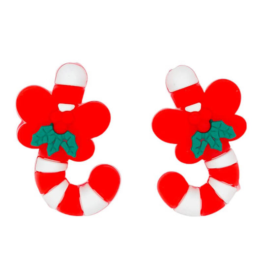 Silicone 3D Focal Beads Christmas Candy Cane With Green Leaf Red Bow