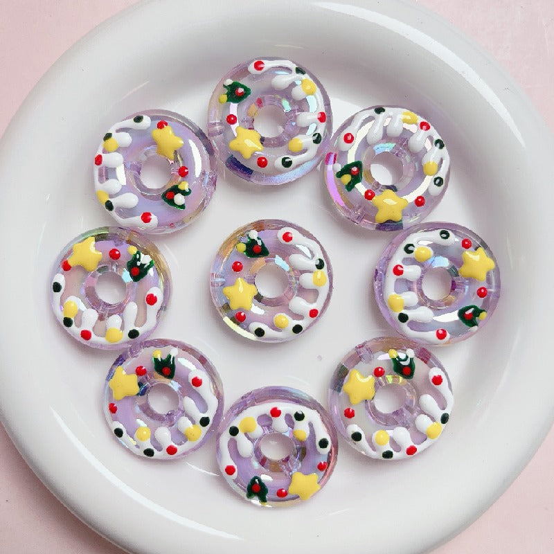 Hand Painted Donut Acrylic Beads 27x30mm Colorful Icing 5pcs 3