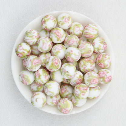Floral Pattern 15mm Silicone Beads Light Color Printed Design 50pcs 2
