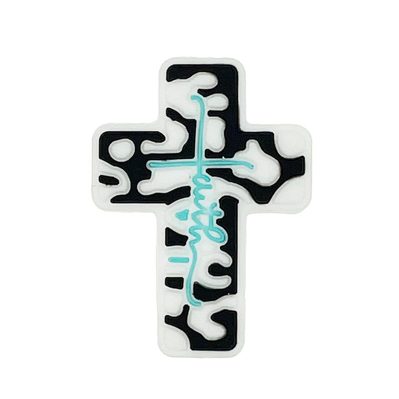 Silicone Focal Beads Cross Black White Turquoise Line 20pcs