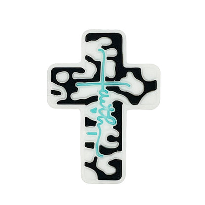 Silicone Focal Beads Cross Black White Turquoise Line 20pcs