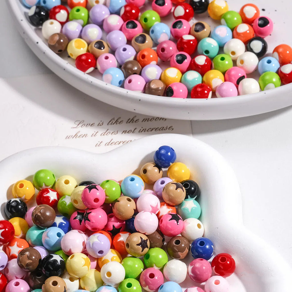 Painted Round Acrylic Beads 10mm Double Sided Heart and Star Pattern 50pcs