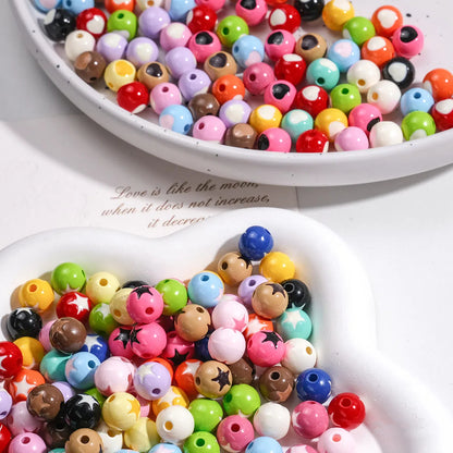 Painted Round Acrylic Beads 10mm Double Sided Heart and Star Pattern 50pcs