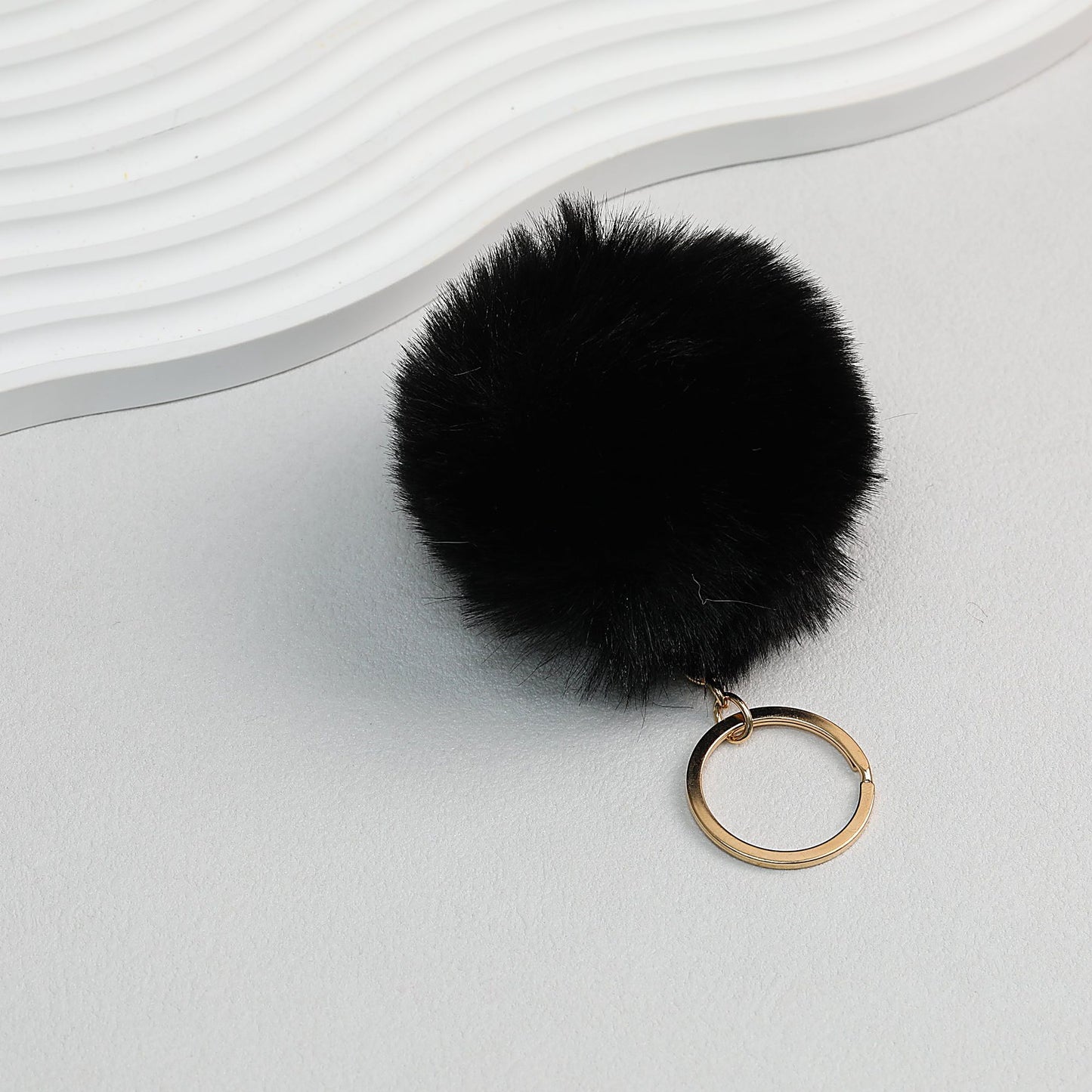 Pom Pom Keychain Plush Violet Faux Fur Ball Gold Ring 8cm - Black