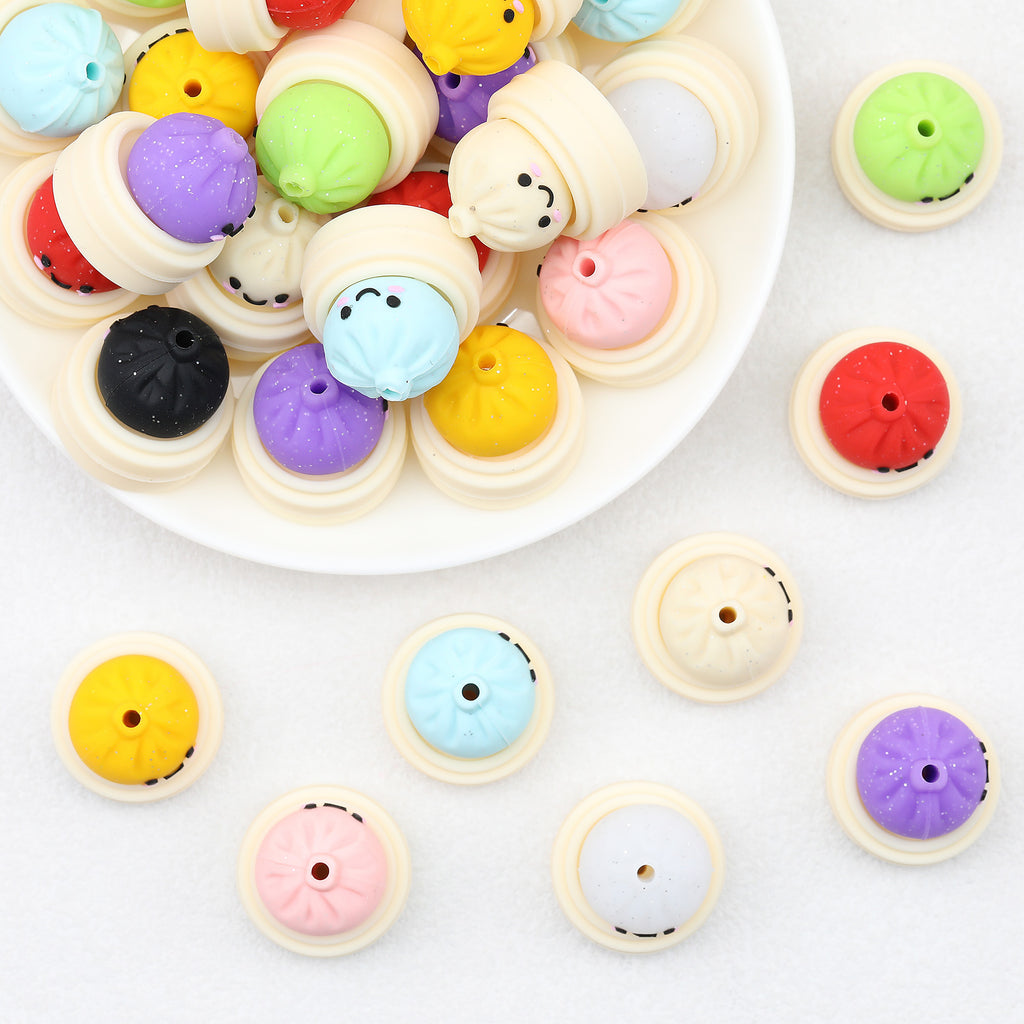 3D Colorful Steamer Glitter Buns Silicone Focal Beads 20pcs