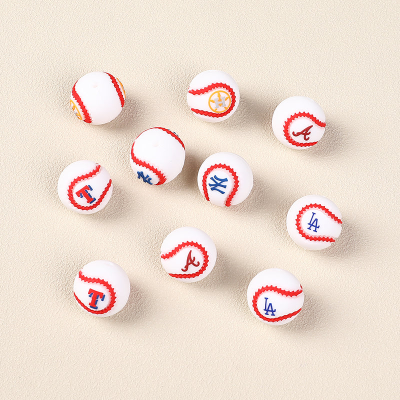 Silicone 3D Focal Beads Baseball Team Bright Red Stitches Team Initials 20pcs 4