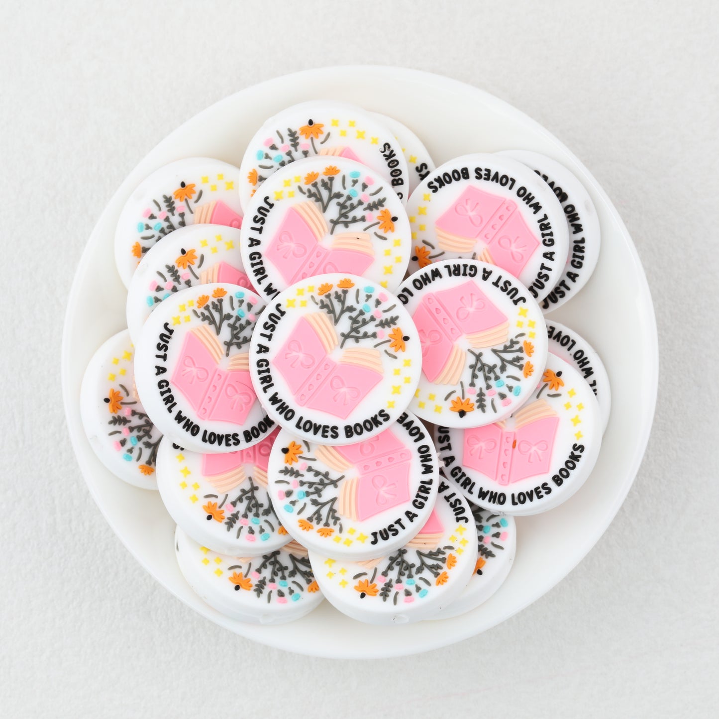 Silicone Focal Beads Just A Girl Who Loves Reading Pink Book Floral Text 20pcs