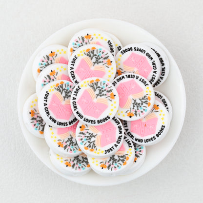 Silicone Focal Beads Just A Girl Who Loves Reading Pink Book Floral Text 20pcs