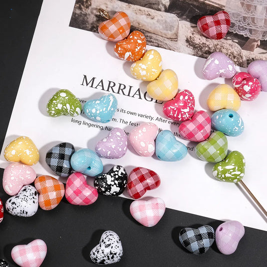 Plaid and Splashed Ink Pattern Heart Acrylic Beads 18mm 20pcs
