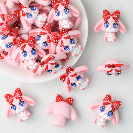 3D Pink Bunny Silicone Focal Beads with Red Polka Dot Bow 20pcs
