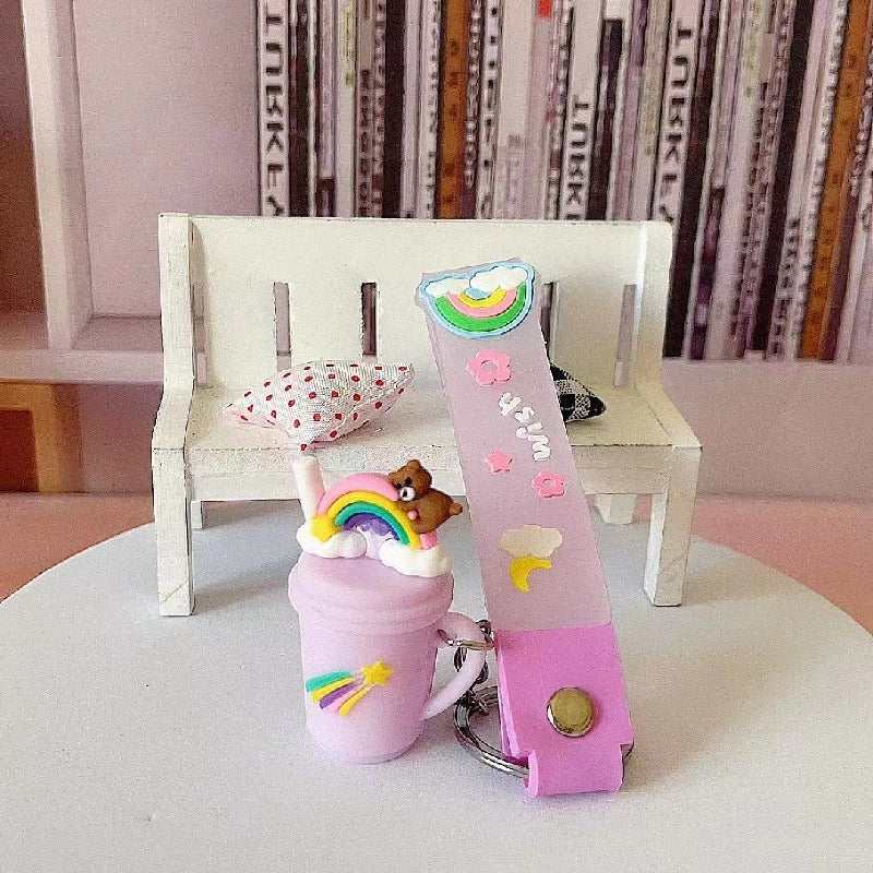 Silicone Rainbow Donut Milk Tea Bear Keychain Pastel Colors 6