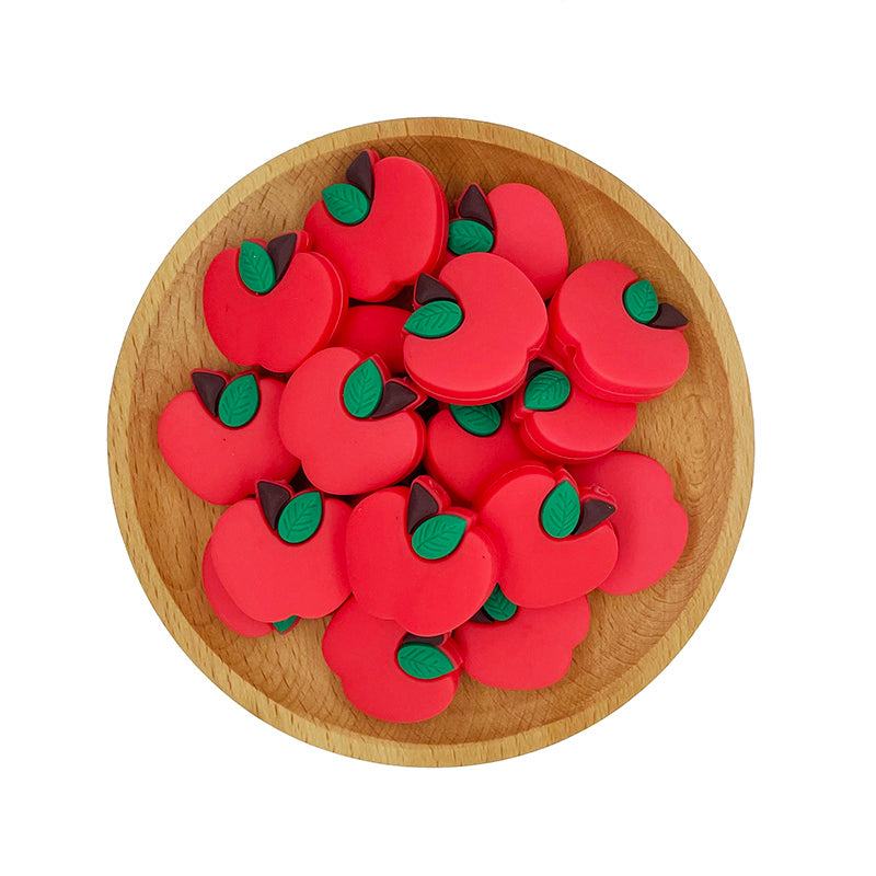 Silicone Focal Beads Apple Red with Green Leaf Design 20pcs 2