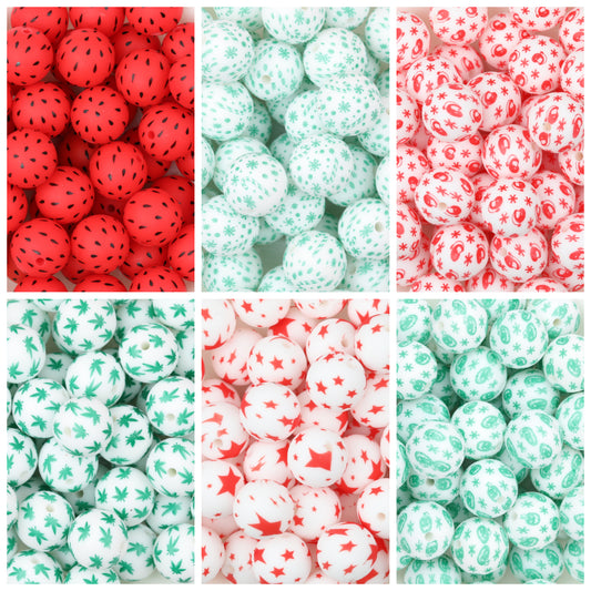 15mm Printed Leaf Pattern Silicone Round Beads 50pcs