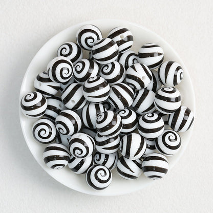 Colorful 15mm Swirl Pattern Priented Round Silicone Beads 50pcs - Black