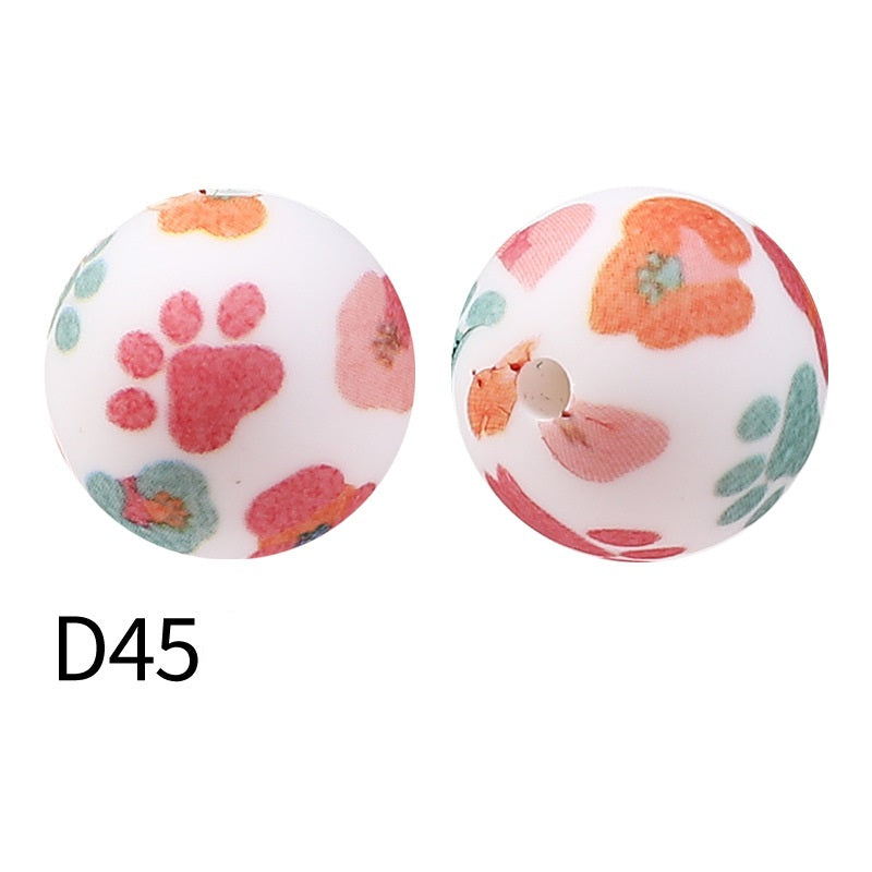 50Pcs 15mm Colored pattern printed silicone beads 47