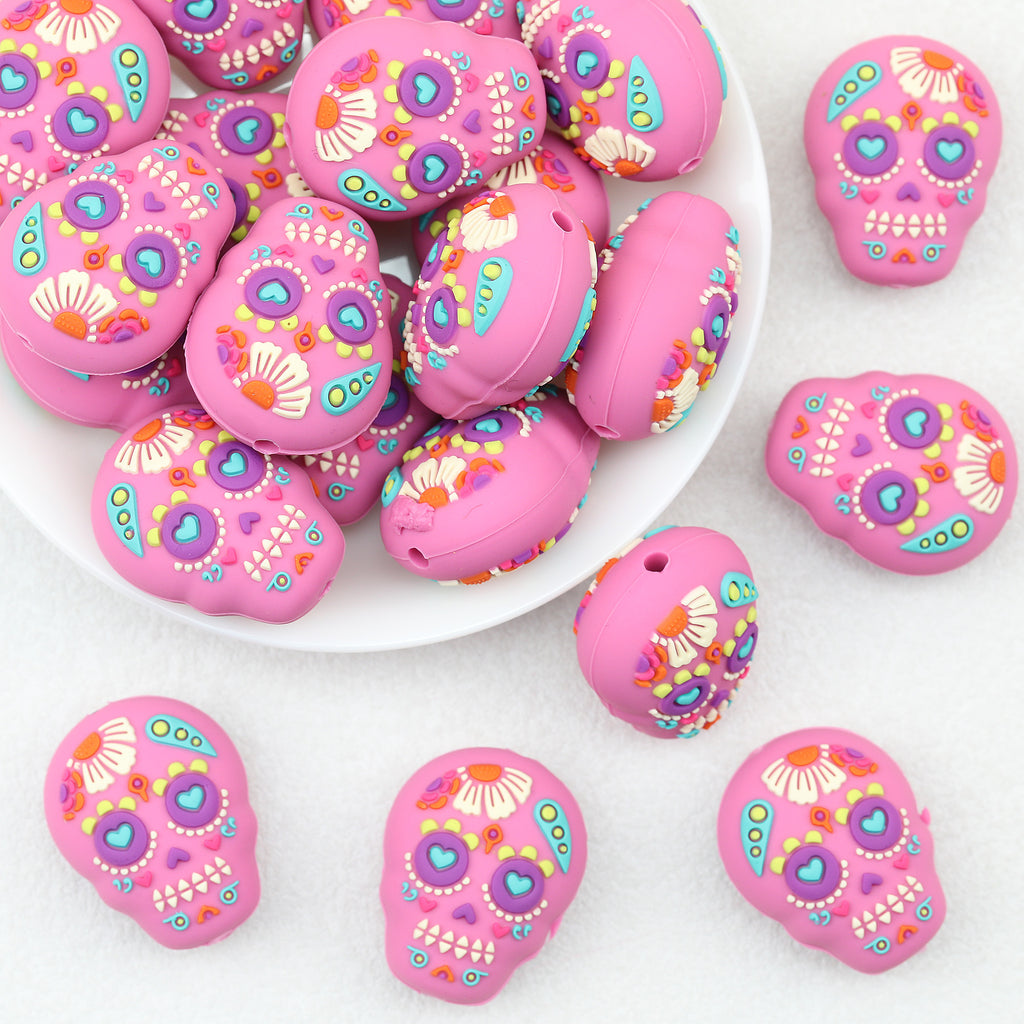 Silicone 3D Focal Beads Floral Skull Pink 20 pcs