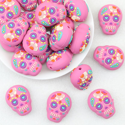 Silicone 3D Focal Beads Floral Skull Pink 20 pcs