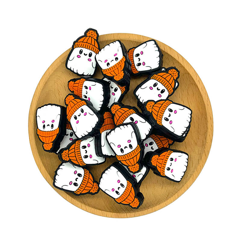 Silicone Focal Beads Baby Ghost Wearing Orange Hat 2